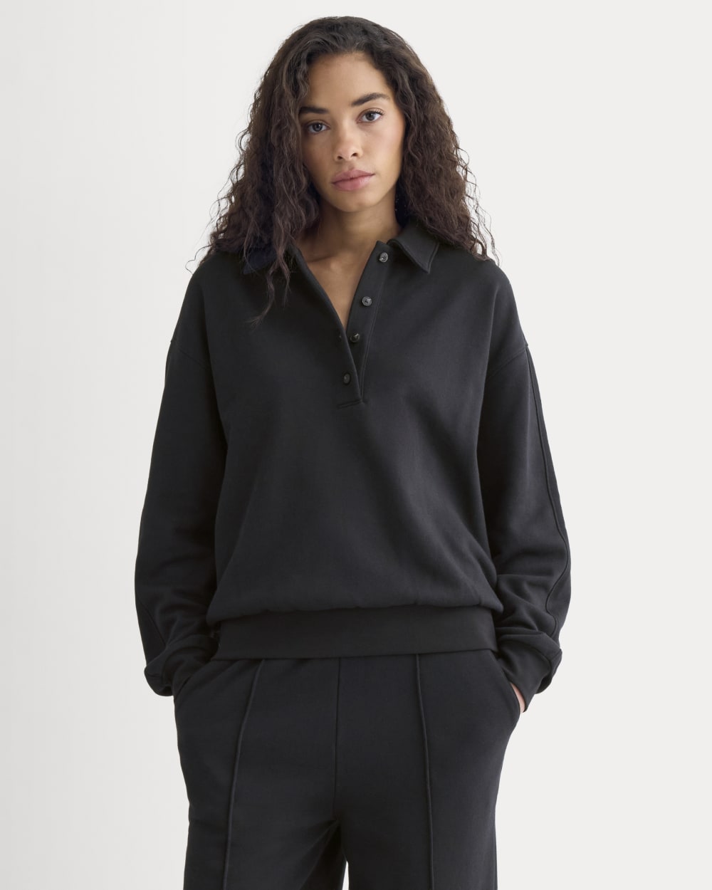 Lightweight Terry Polo Sweatshirt in Black — detail view