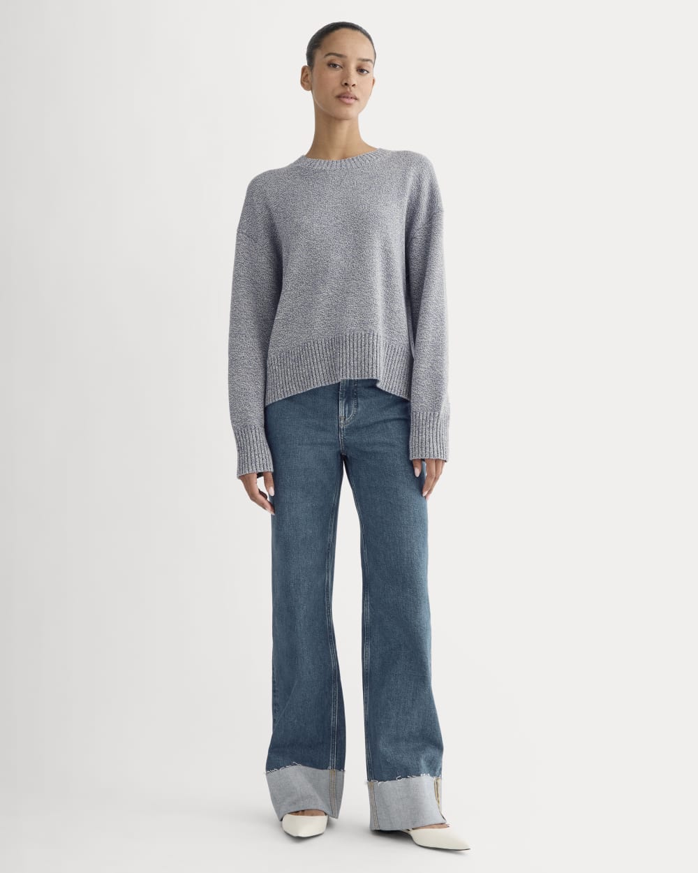 The Boxy Sweater in Everyday Cotton in Blue Indigo/Canvas Twist — detail view