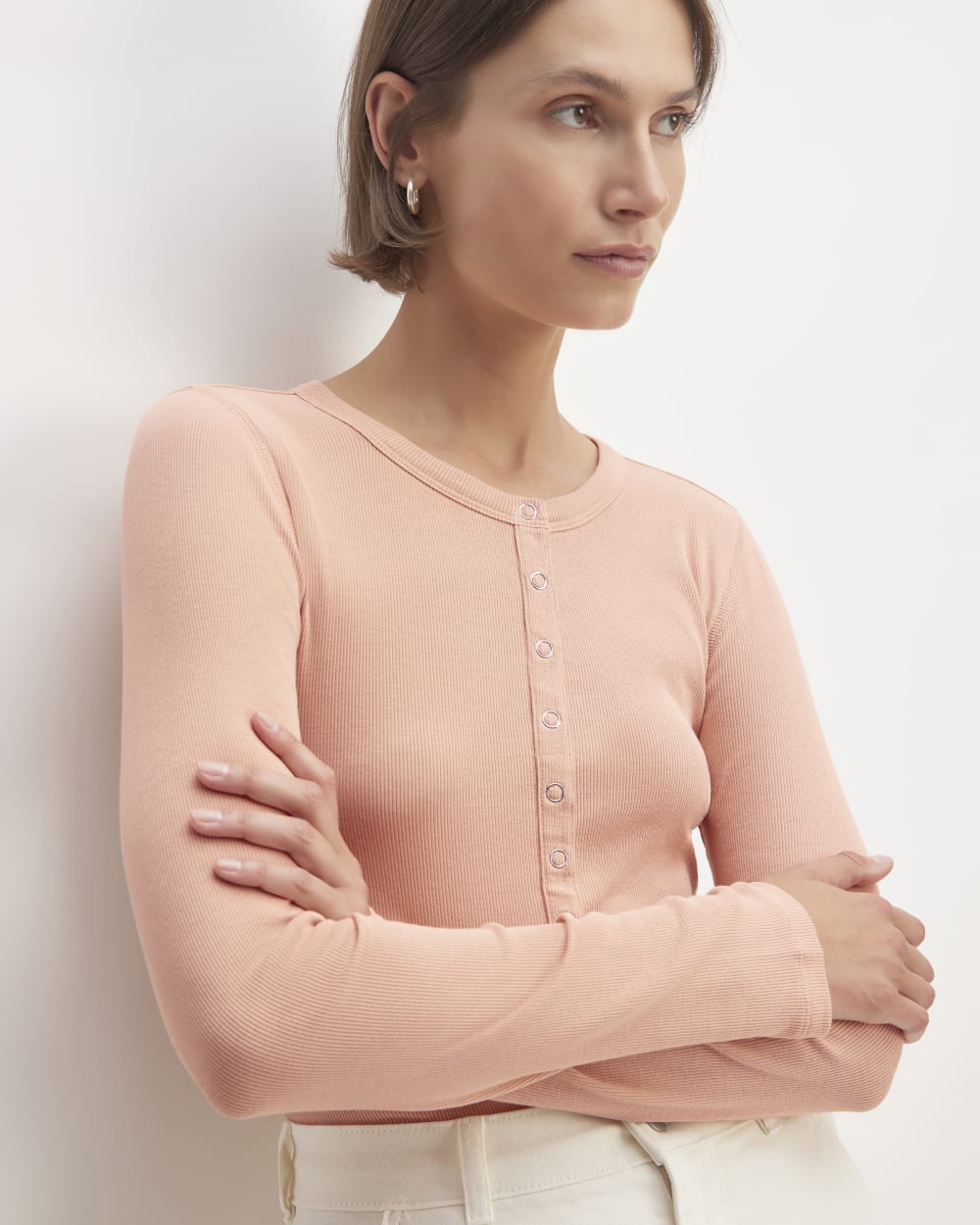 The Luxe Rib Henley in Blush Pink — detail view