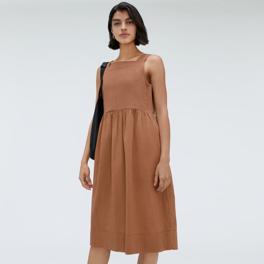 The Seersucker Midi Dress in Tawny Brown — detail view