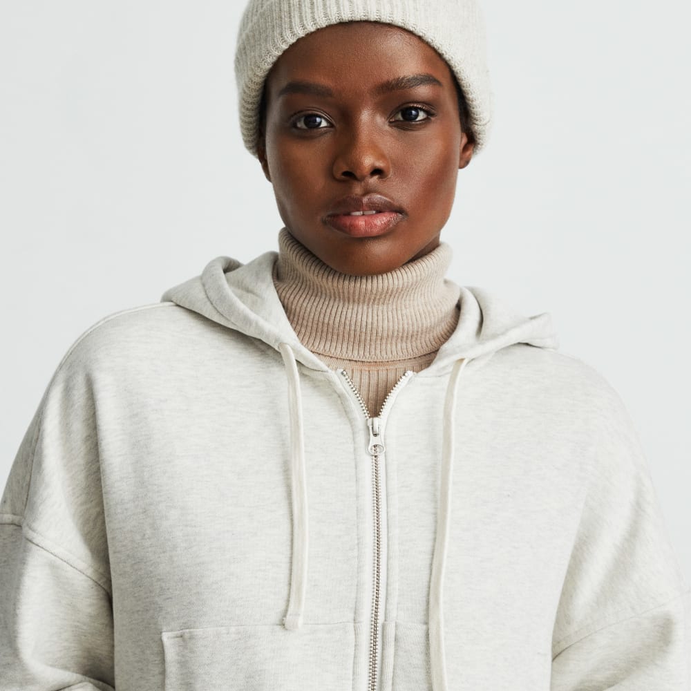 The Track Organic Cotton Hoodie in Light Heather Grey — detail view