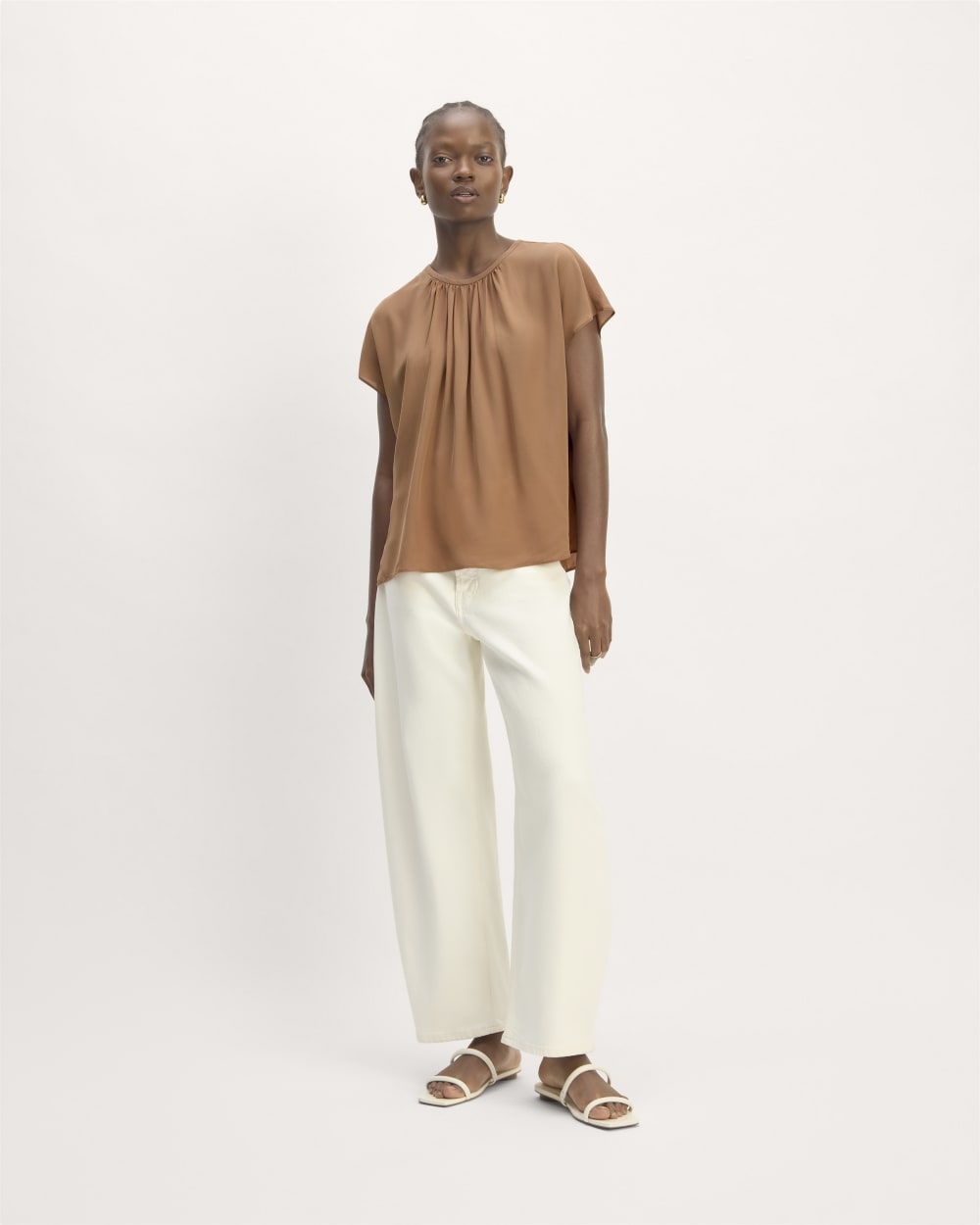 The Gathered Neck Top in Carob Brown — detail view