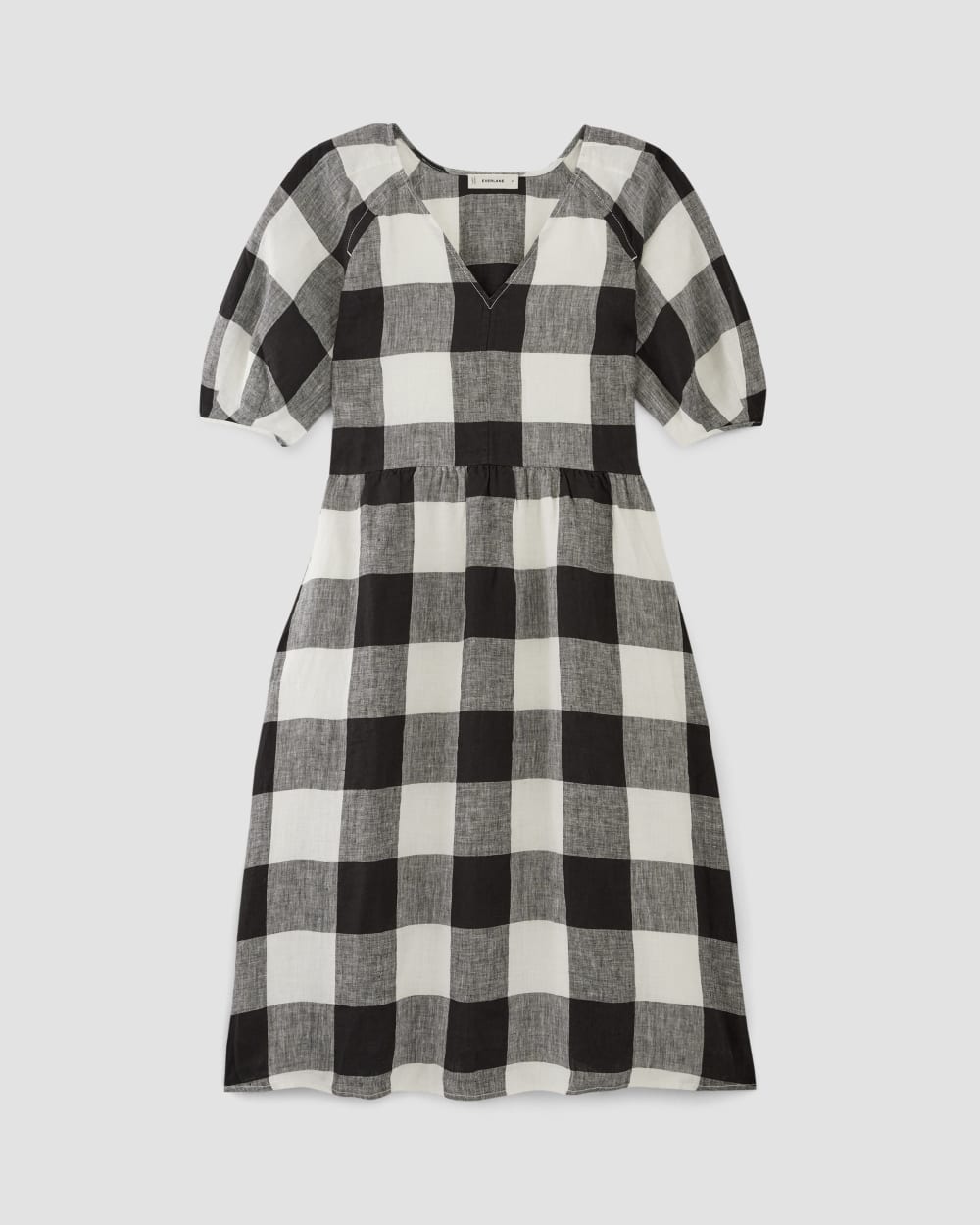 The Linen Oversized Puff-Sleeve Dress in Bone / Black Check — alternate view