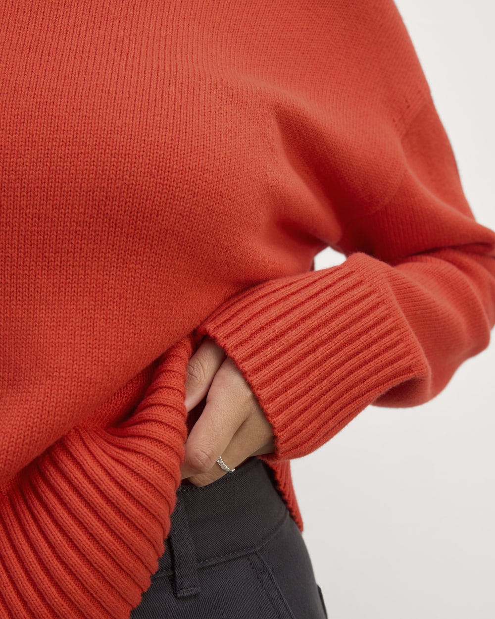 The Boxy Sweater in Everyday Cotton in Poppy Red — detail view