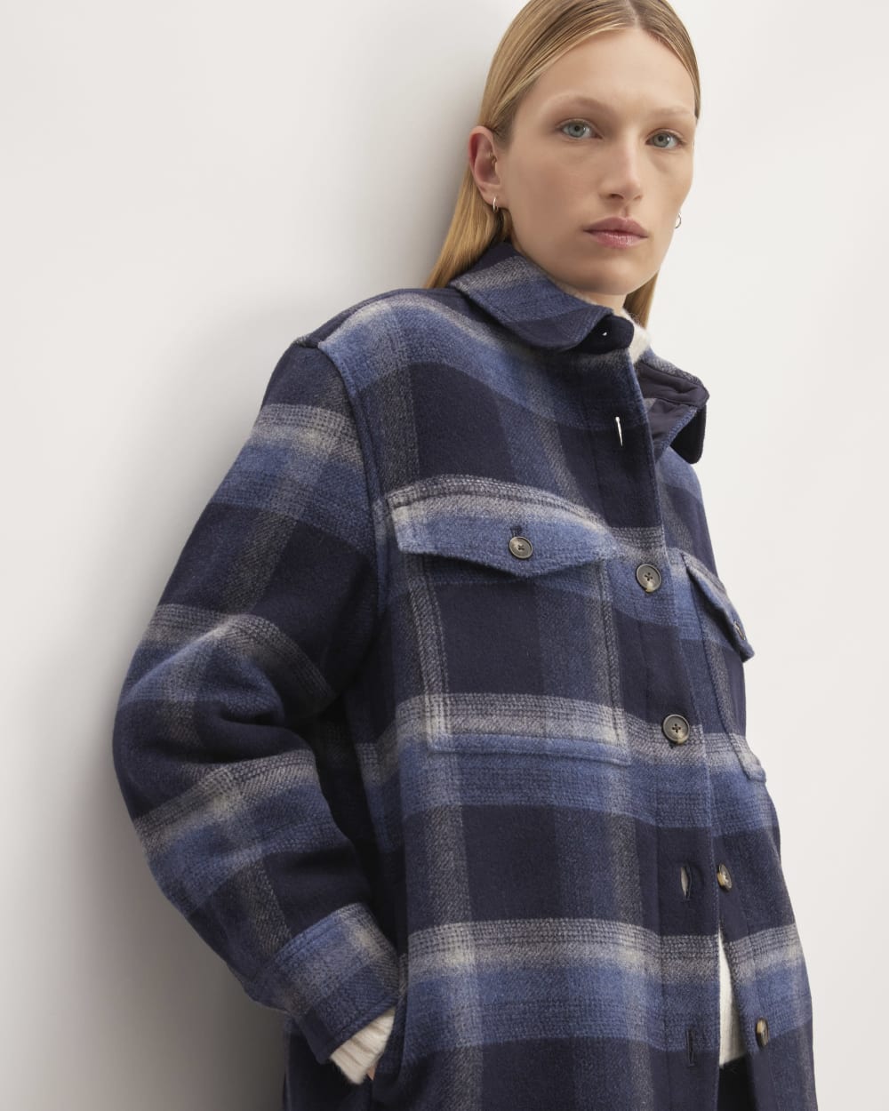 The Italian ReWool® Oversized Shirt Jacket in Navy / Shadow Plaid — detail view