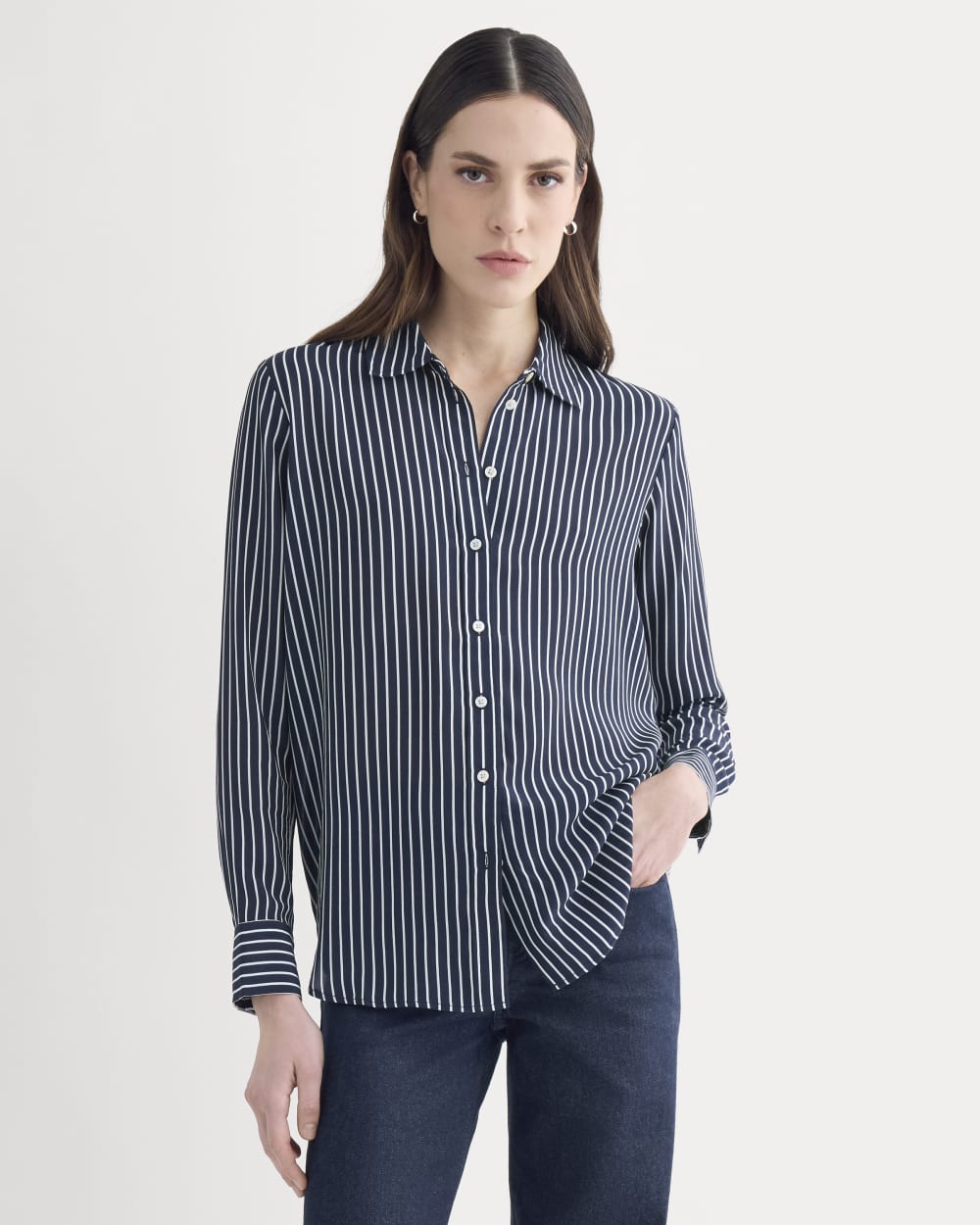 The Must-Have Shirt in Washable Silk in True Navy / Bone Stripe — detail view