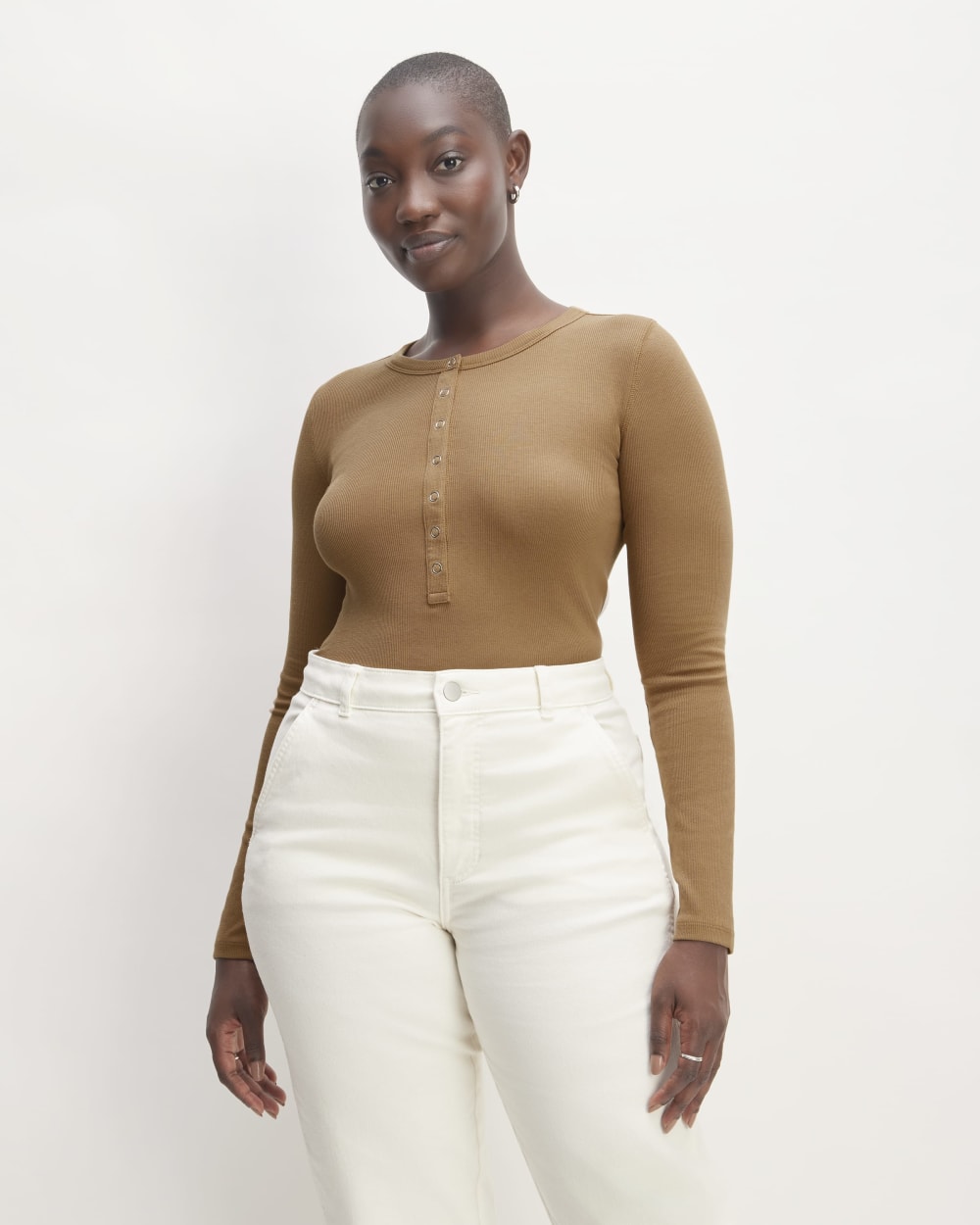 The Luxe Rib Henley in Toasted Coconut — front view