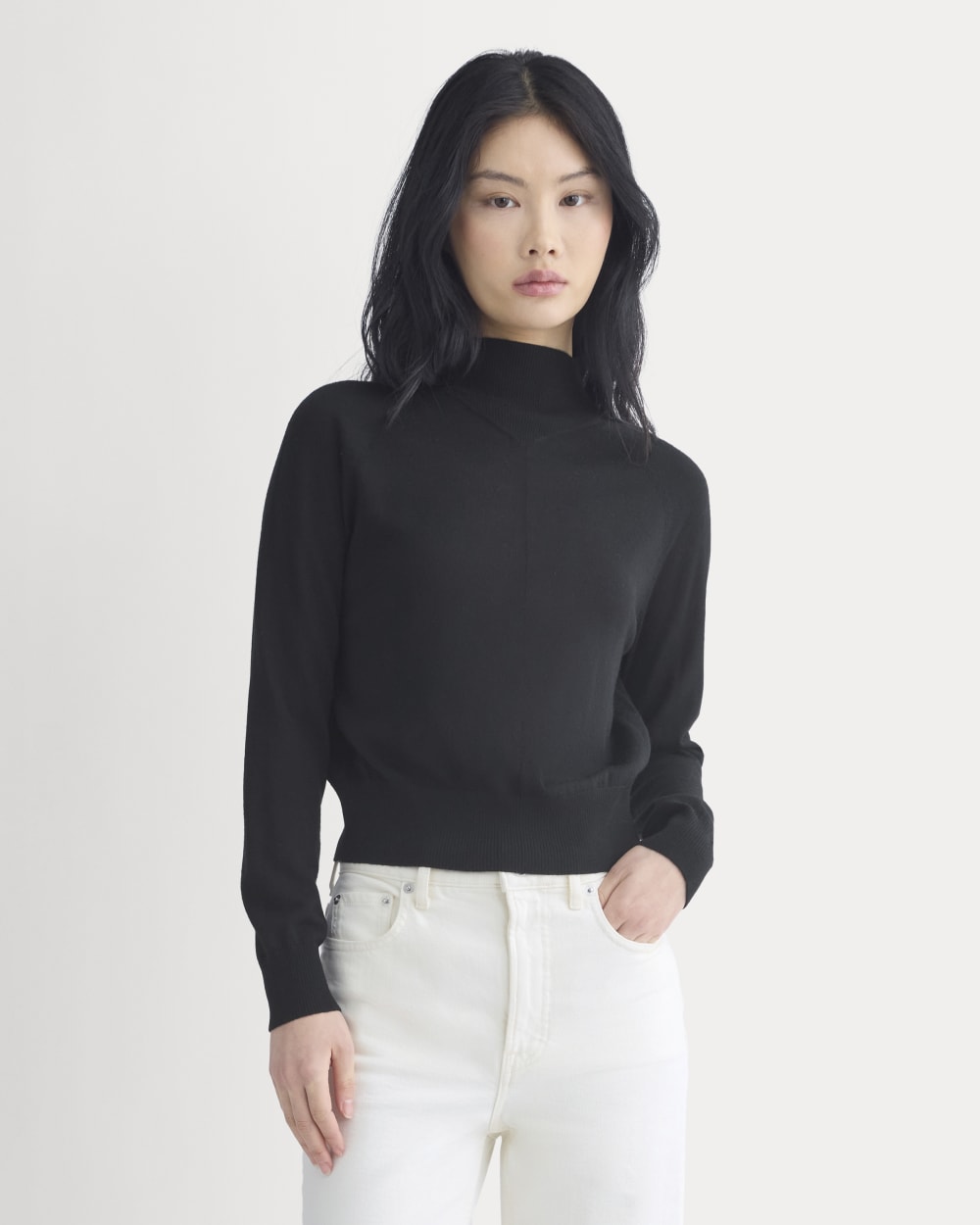 Mockneck Sweater In Ultrafine Merino in Black — front view