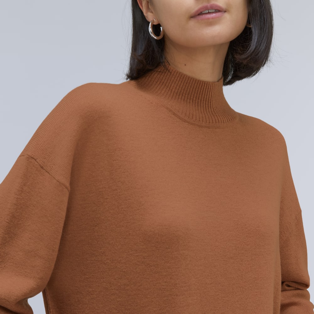 The Luxe Merino Turtleneck in Tawny Brown — detail view