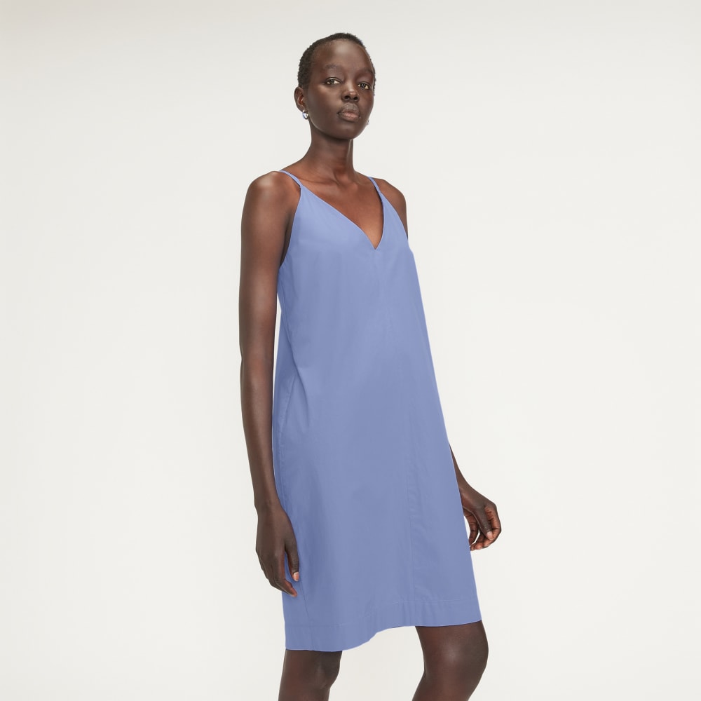 The Poplin Slip Dress in Cornflower Blue — detail view