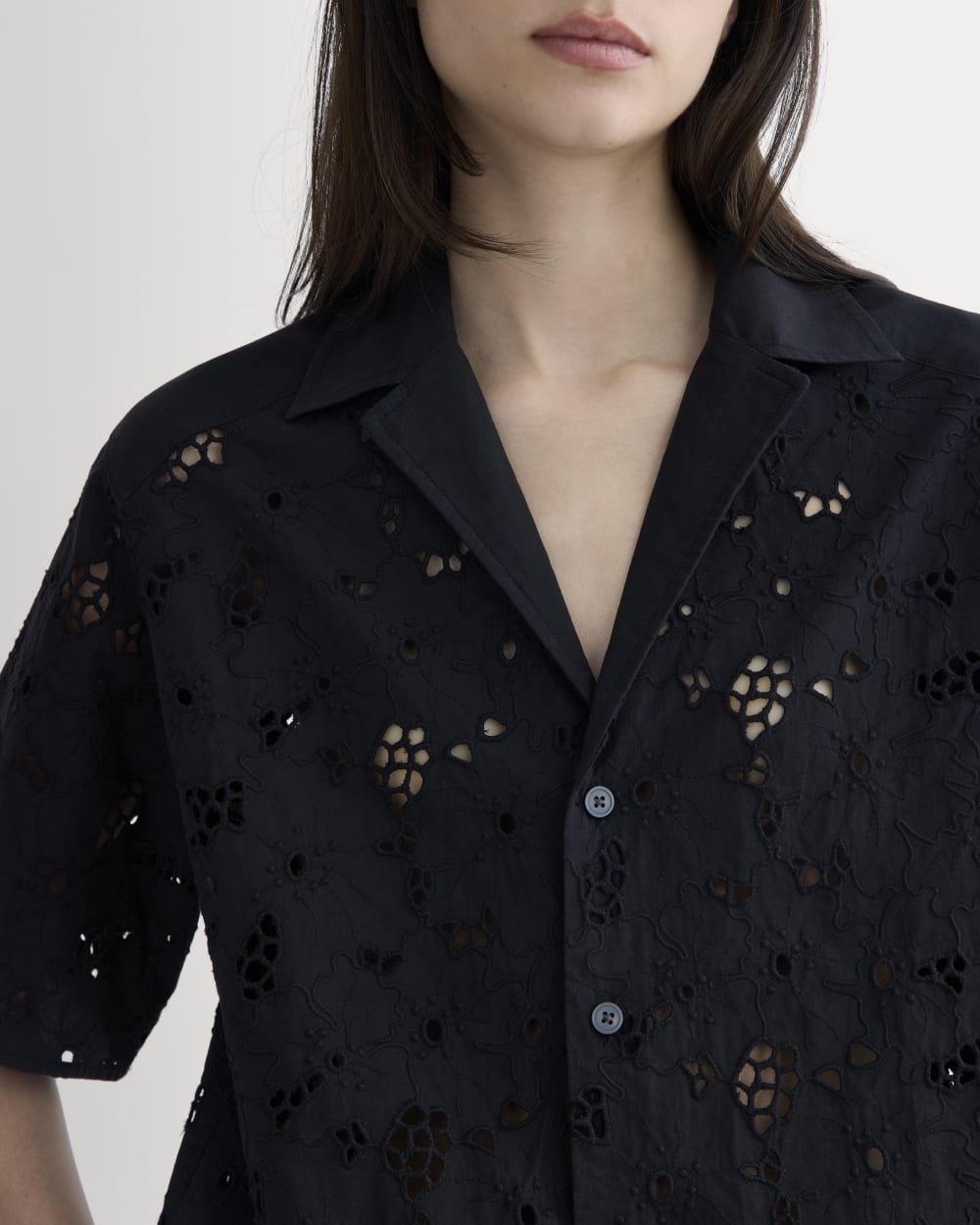 The Eyelet Camp Shirt in Black — detail view