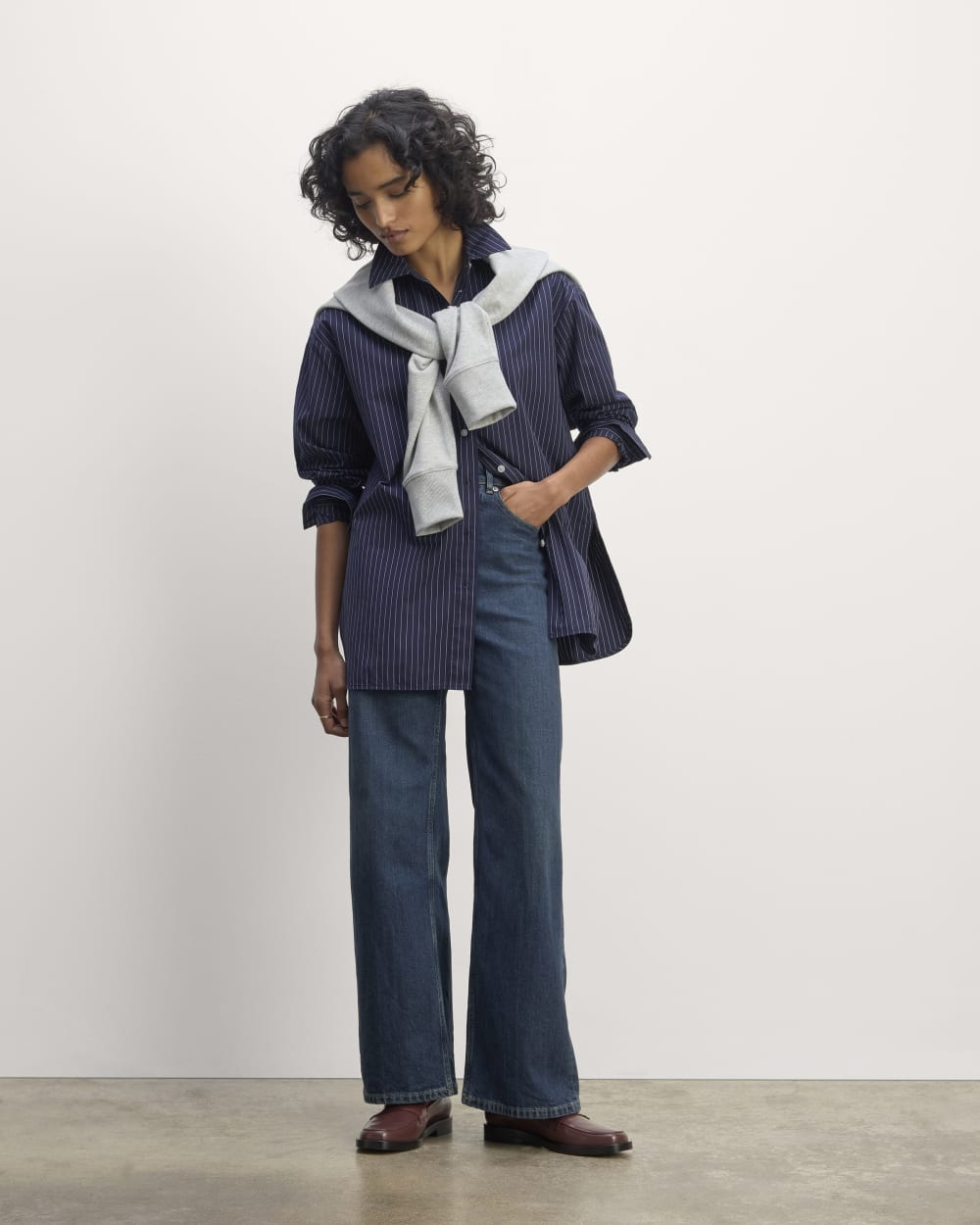 The Supima® Cotton Boyfriend Shirt in Navy / White — detail view
