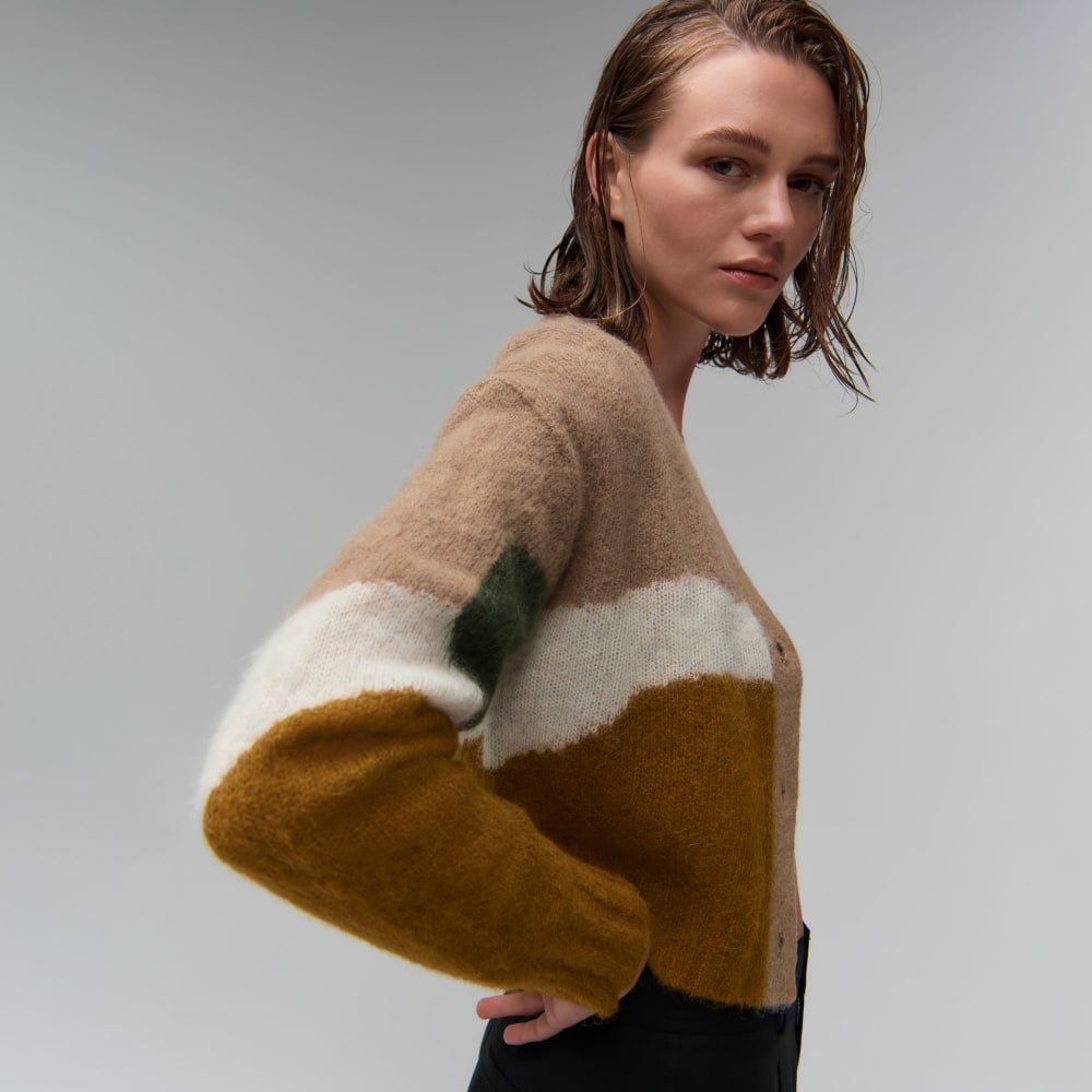 The Alpaca V-Neck Cropped Cardigan in Neutral Camo — front view