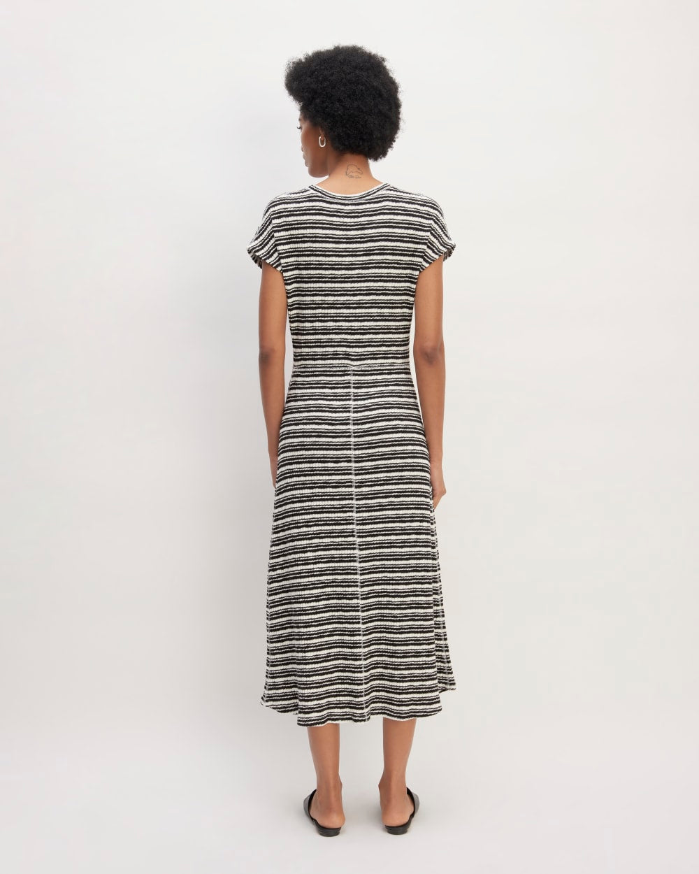 The Rib-Knit Cap-Sleeve Midi Dress in Bone / Black — detail view