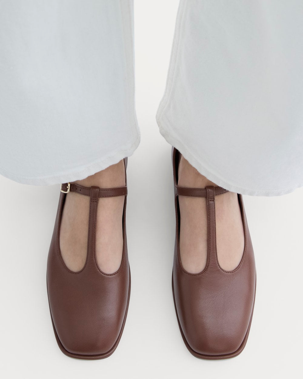 The Leather T-Strap Flat in Rum — detail view