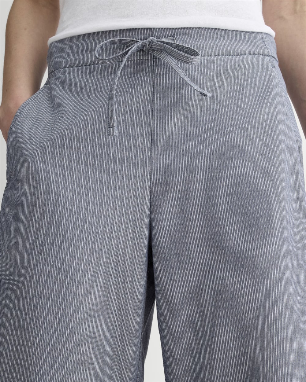 The Easy Barrel Pant in Dark Denim Pinstripe — detail view