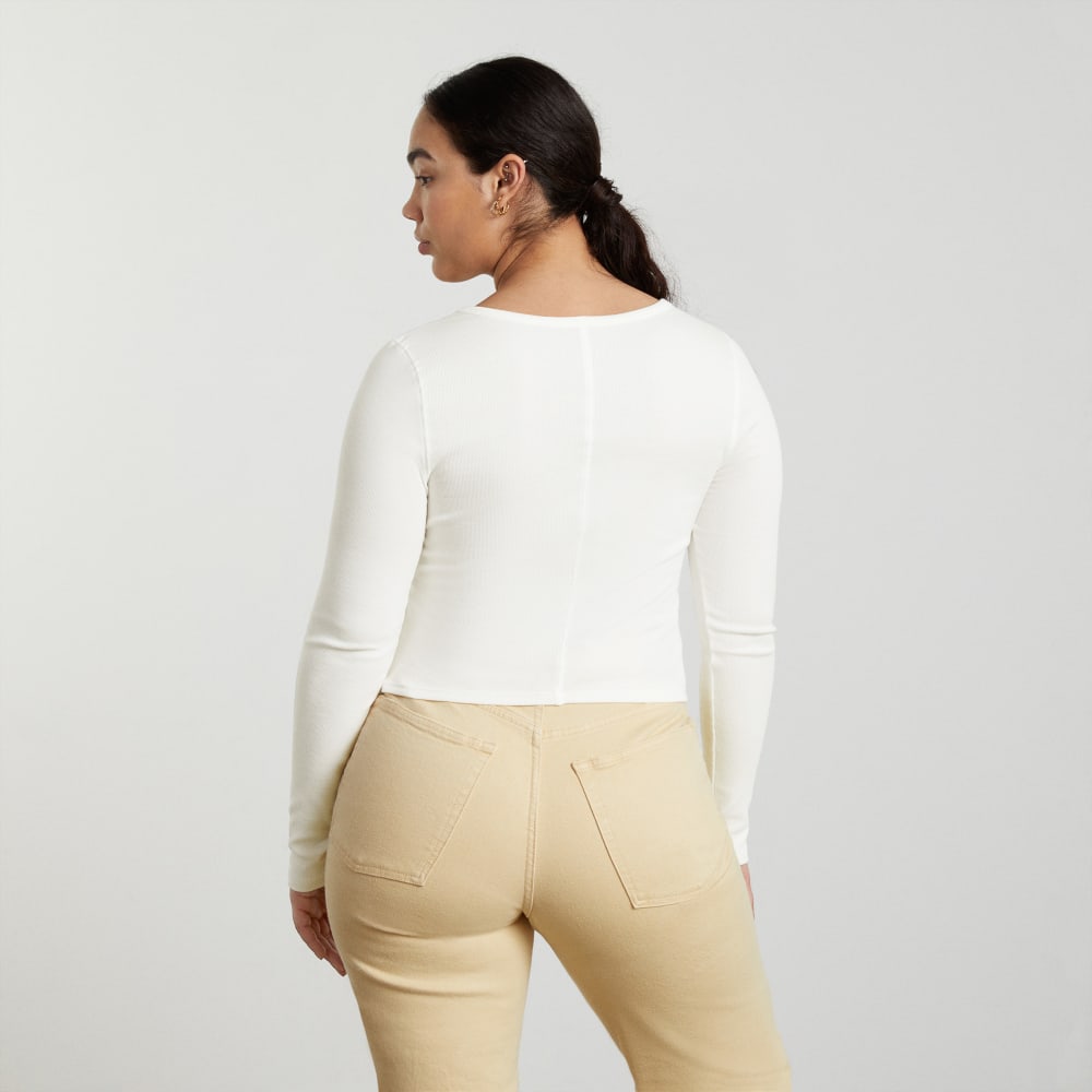 The Pima Micro-Rib Cropped Long-Sleeve Crew in White — detail view
