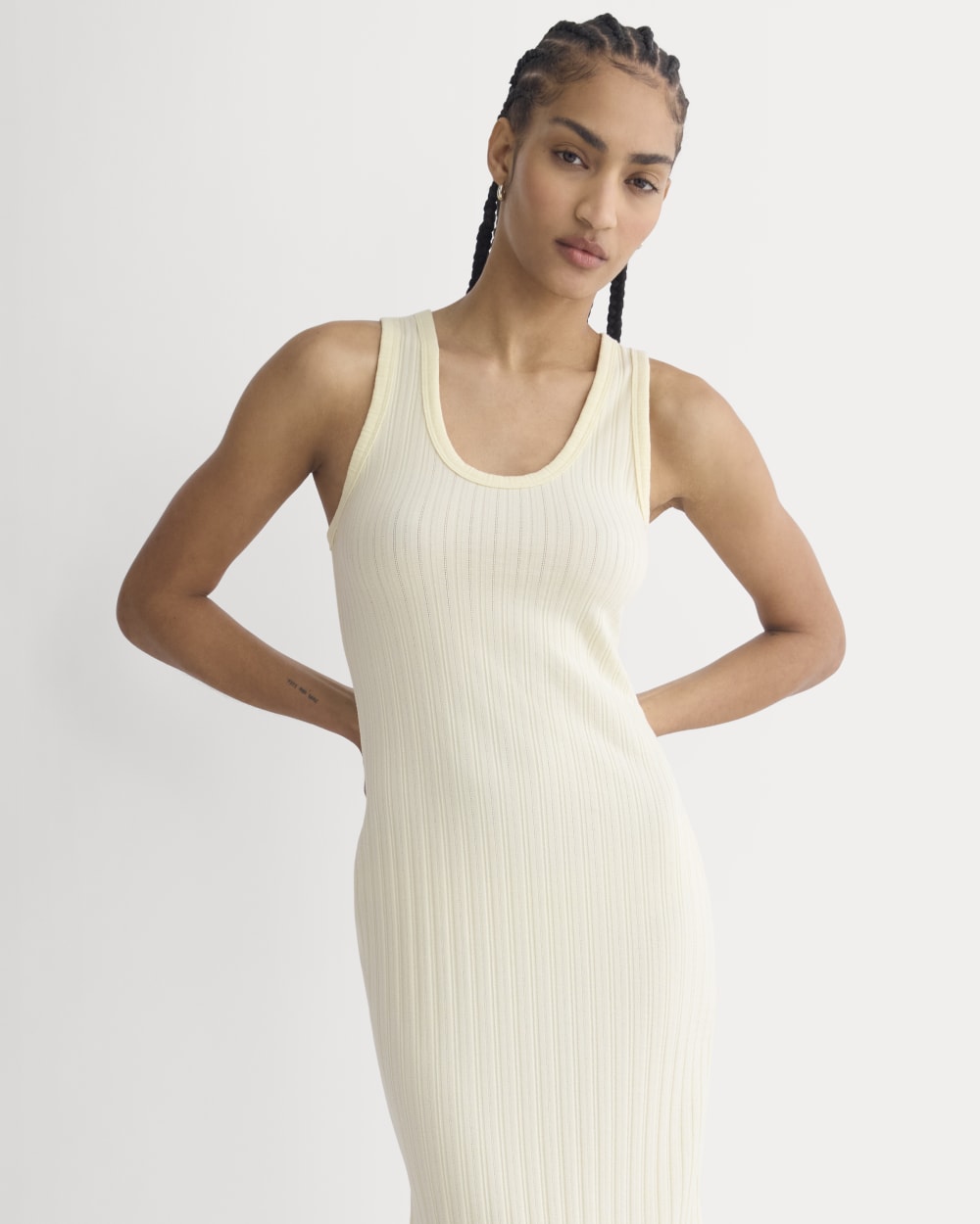 Scoop-Neck Midi Dress in Pointelle Knit in Lemon Icing — detail view