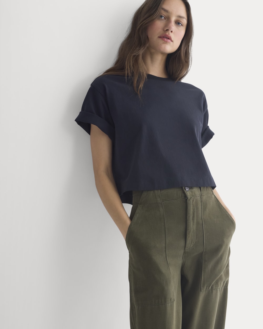 Patch Pocket Ballon Pant in Buttersoft in Olive Night — detail view