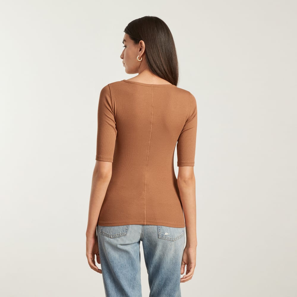 The Luxe Micro-Rib Scoop-Neck Tee in Tawny Brown — detail view