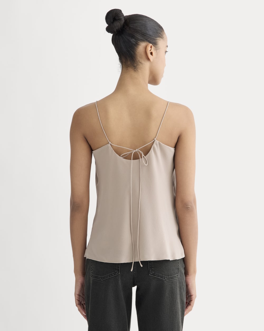 The Tie Back Cami in Washable Silk in Burnt Sugar — detail view