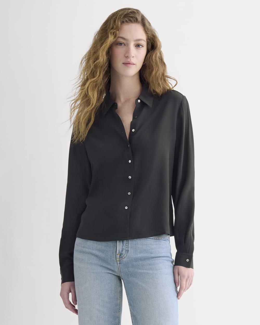 Shrunken Top in Washable Silk in Black — front view
