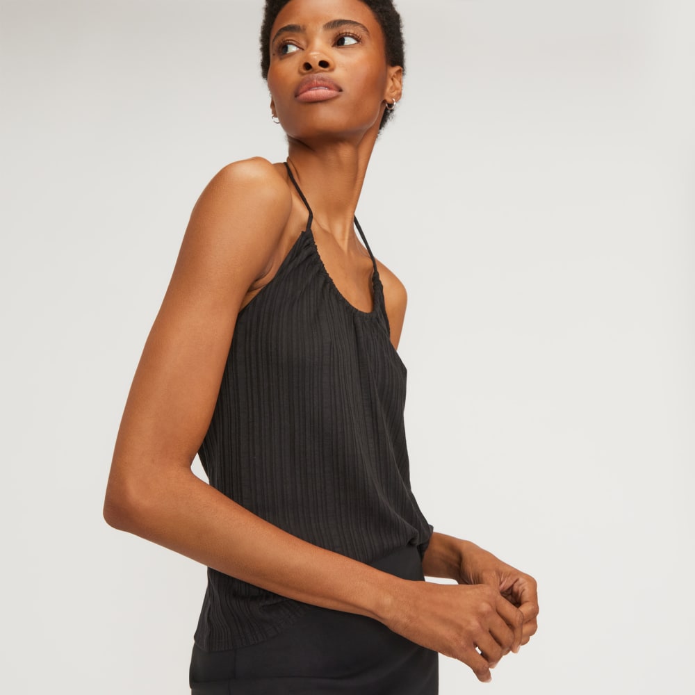 The Rib Soft Knit Halter Top in Black — detail view