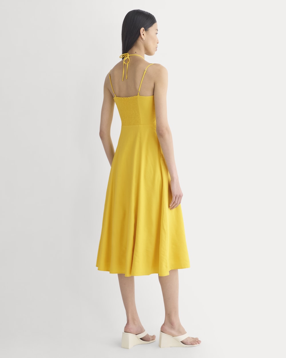 Tie-Neck Dress in Stretch Linen in Passion Fruit — detail view