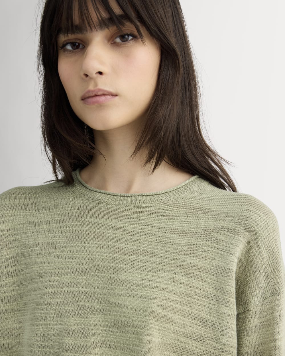 The Slouch Sweater in Cotton Linen in Eucalyptus — detail view