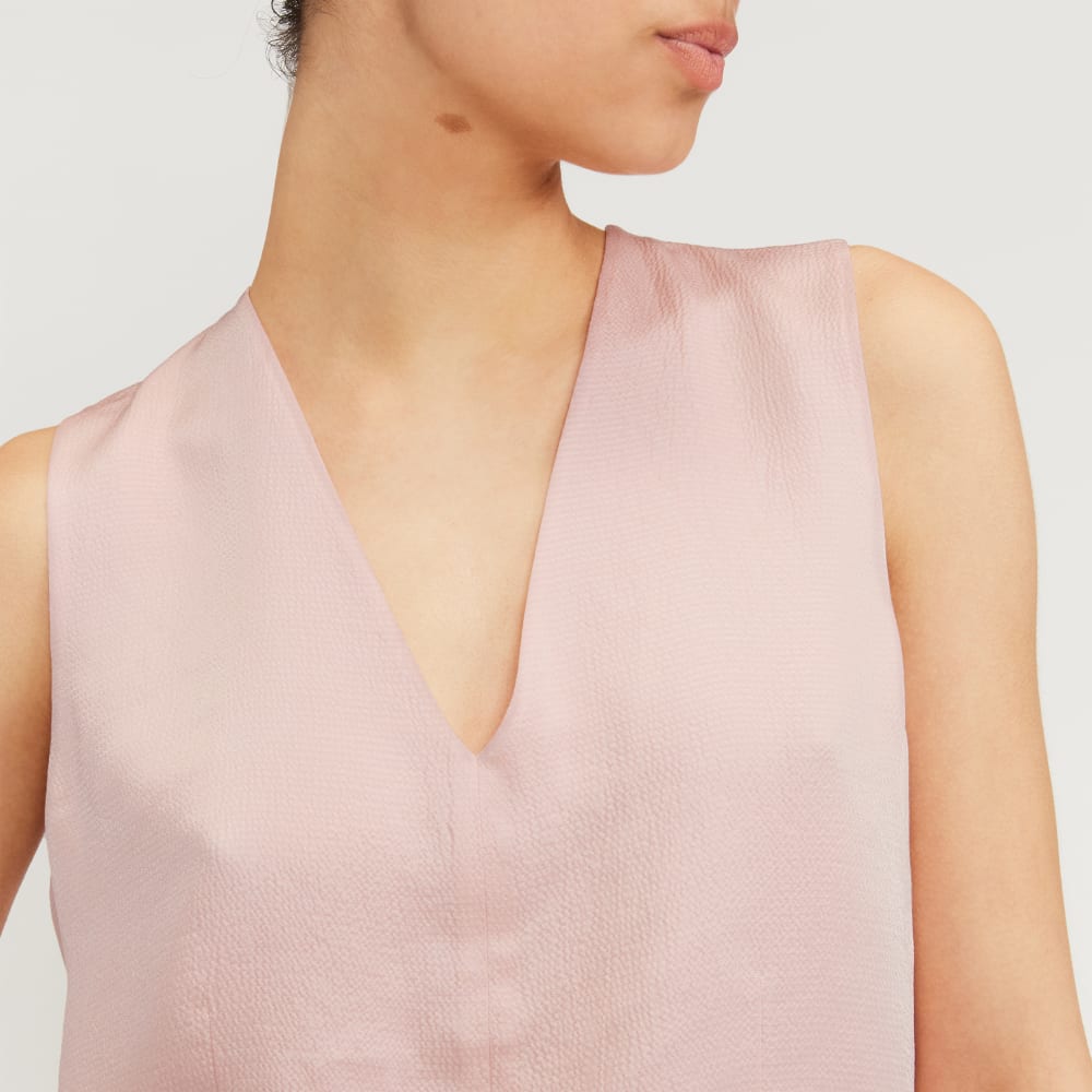 The Satin V-Neck Top in Petal Pink — detail view