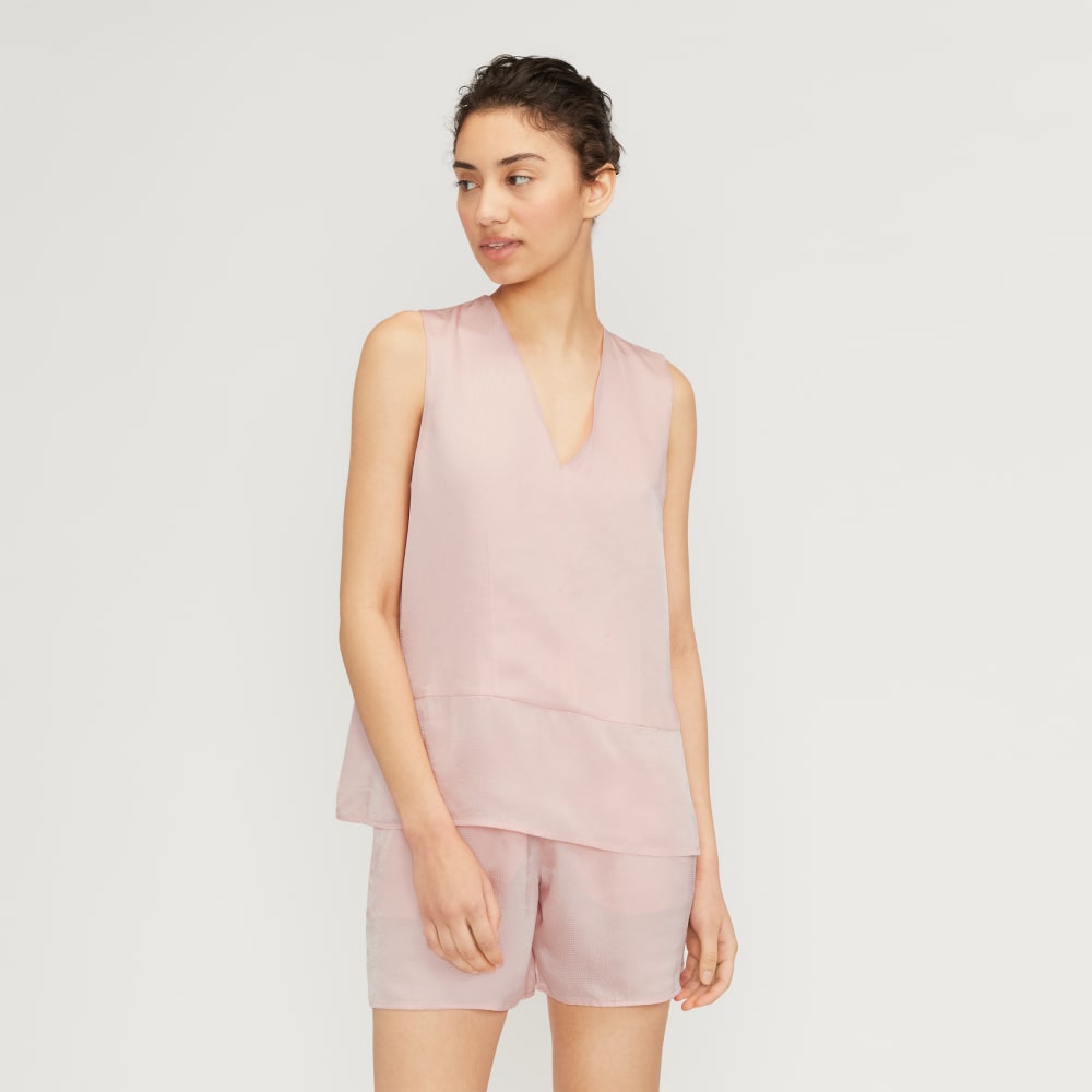 The Satin V-Neck Top in Petal Pink — front view