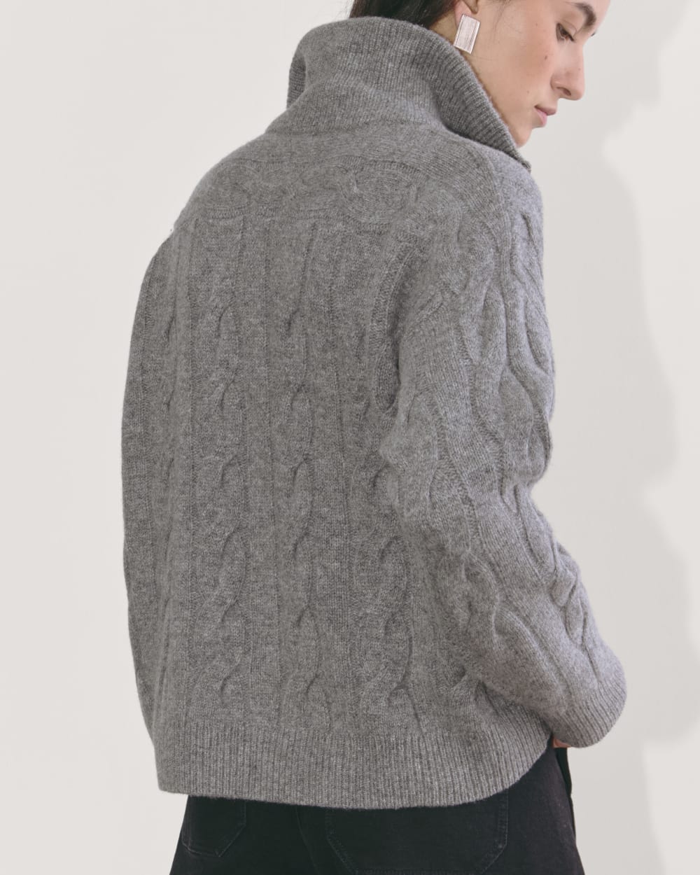 The Cable Half-Zip in Luxe Merino in Heathered Mid-Grey — detail view
