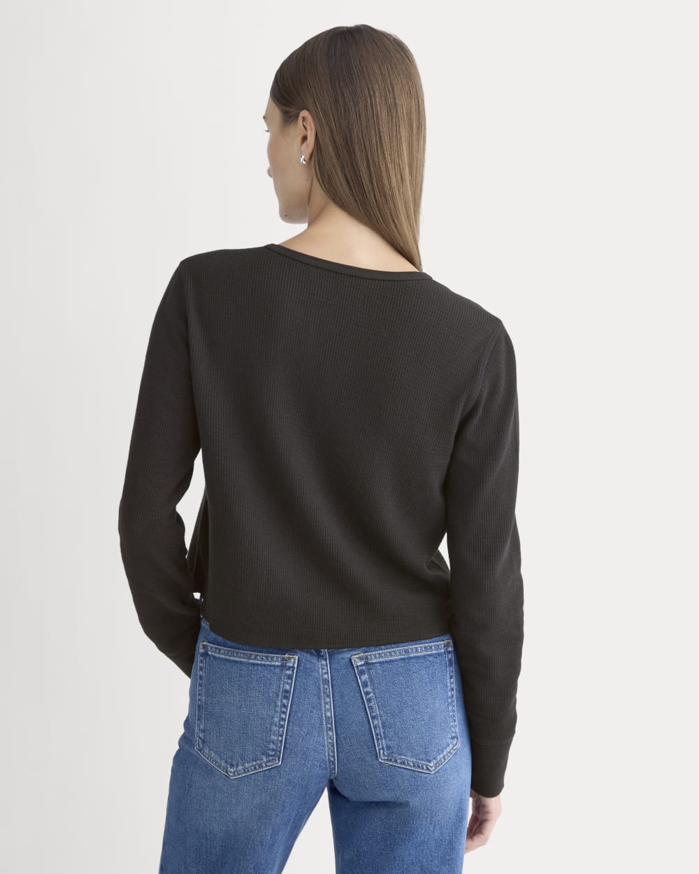 Boxy Henley in Cozy Waffle in Black — detail view