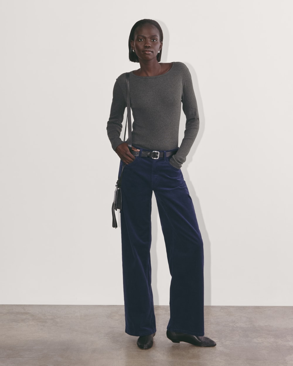 The Luxe Rib Long-Sleeve Crew in Heathered Soot — detail view