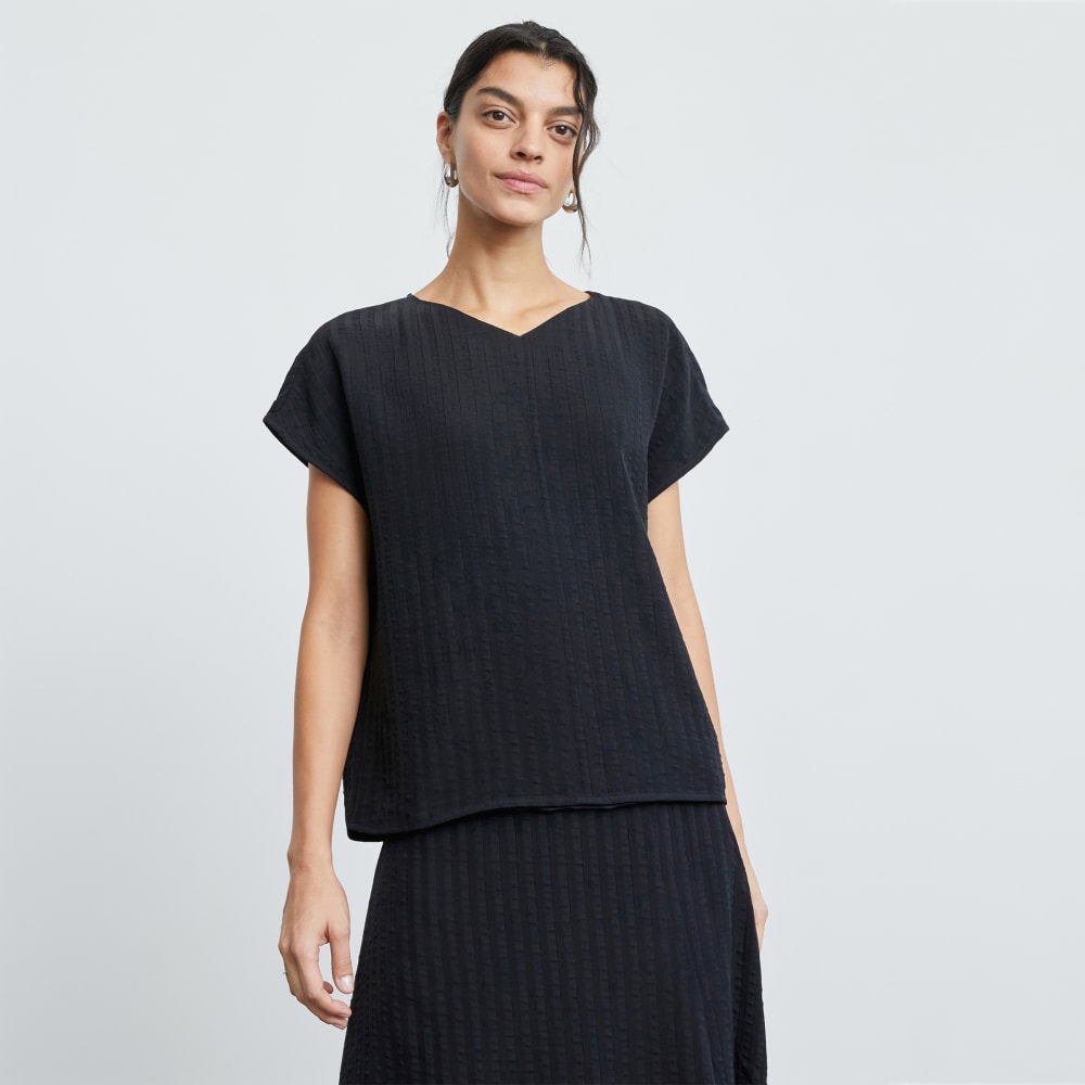 The City Stripe V-Neck Top in Black — front view