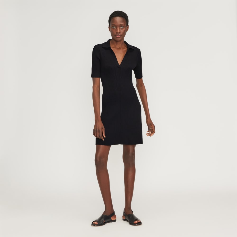 The Ribbed Short-Sleeve Polo Dress in Black — front view