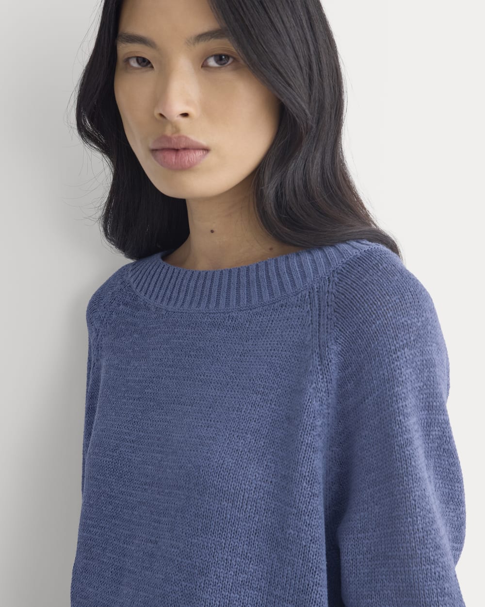 Wide-Neck Crew Sweater in Tape Yarn in Blue Dusk — detail view
