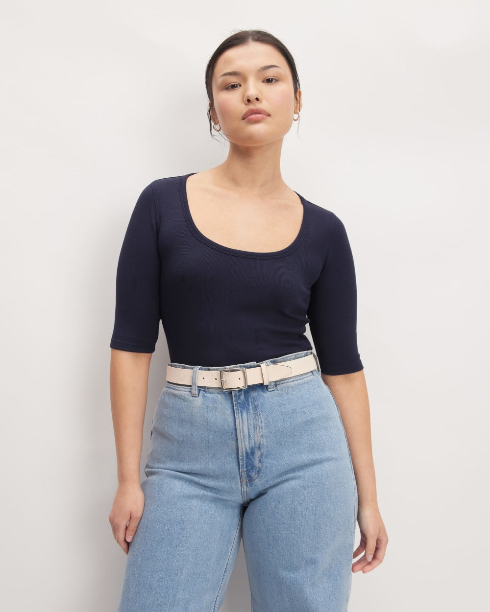 The Luxe Rib Scoop-Neck Tee in Navy — front view