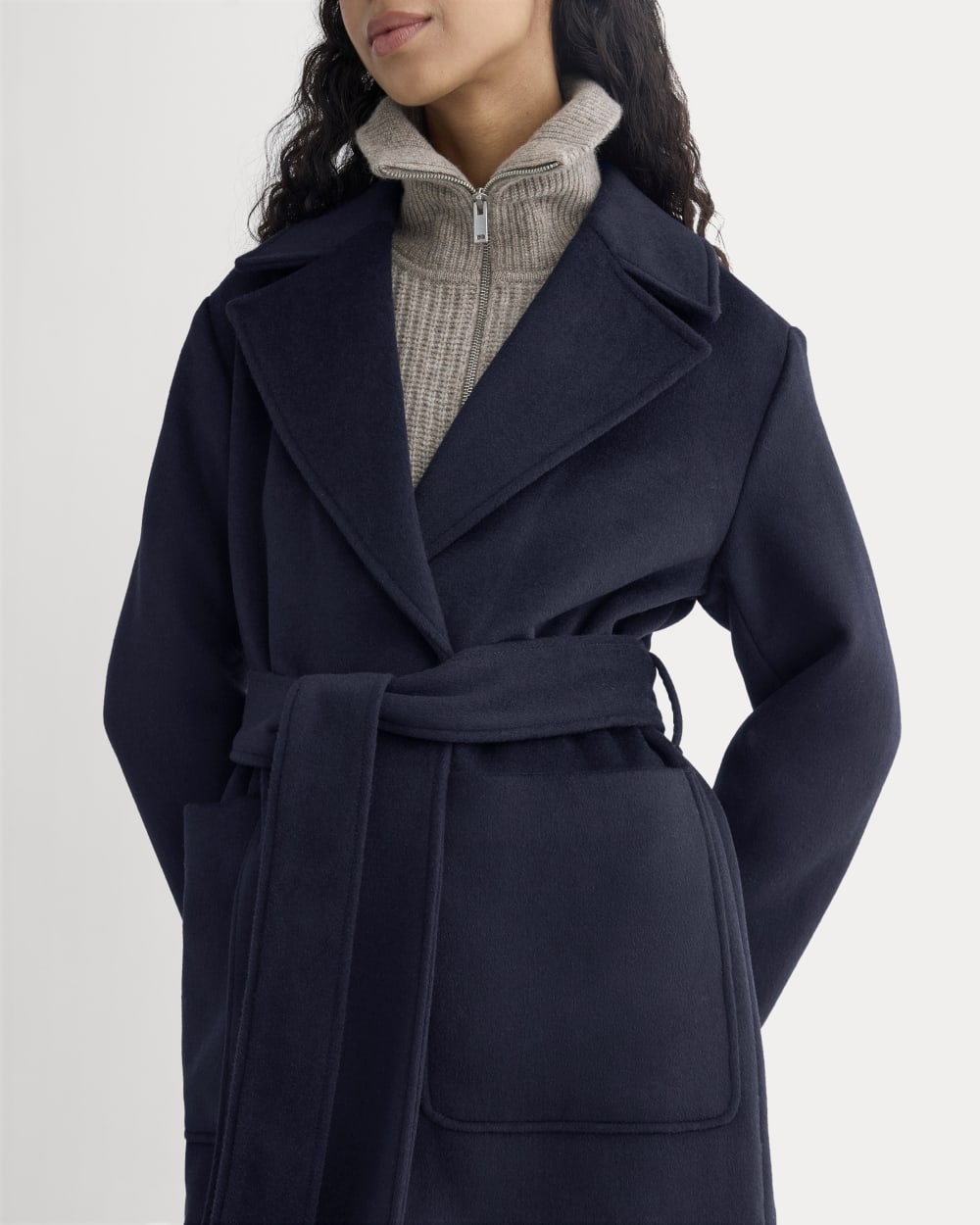 ReWool Belted Blanket Coat in Deep Navy — detail view