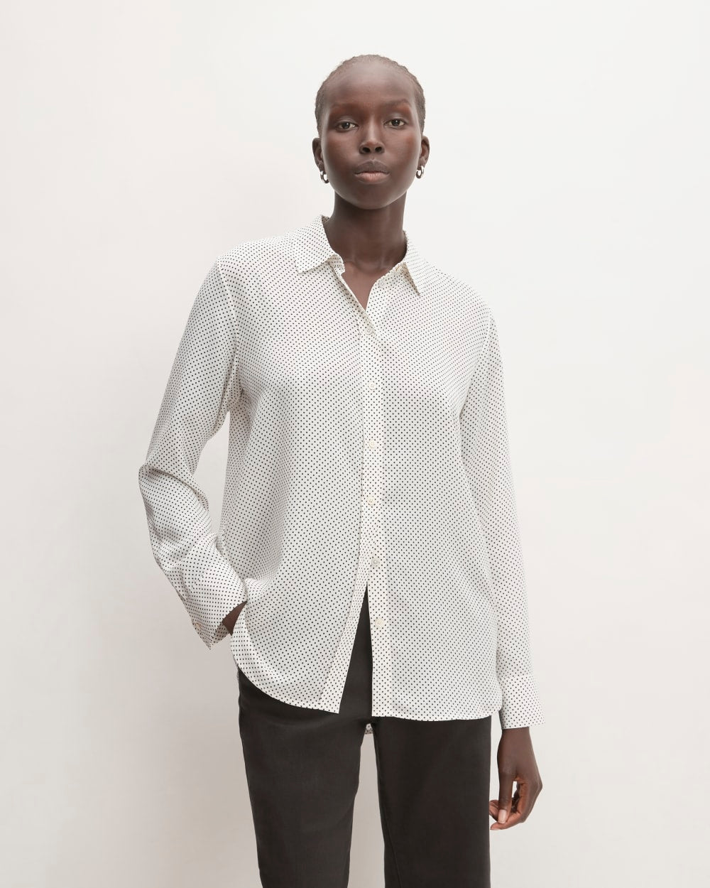 The Must-Have Shirt in Washable Silk in Bone / Black Polka Dot — front view