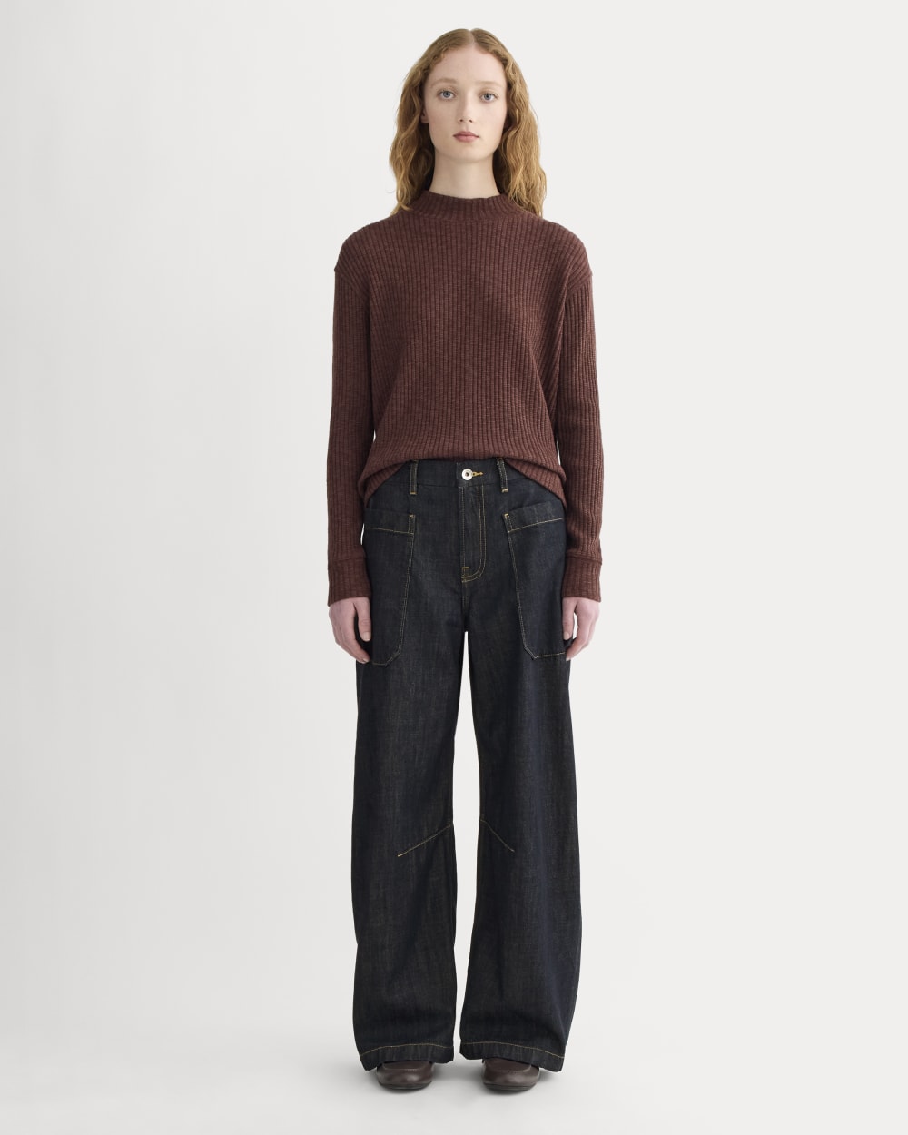 The Cozy Rib Funnel-Neck in Dark Mahogany — detail view