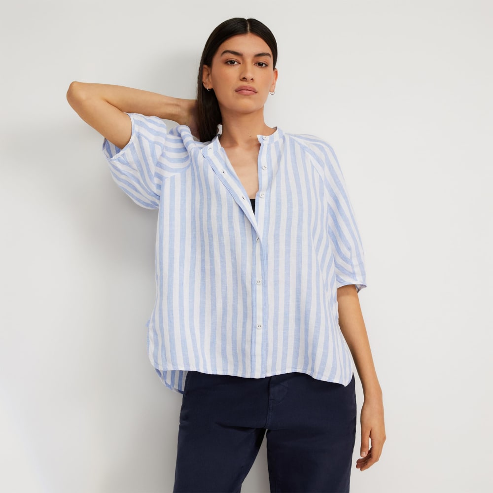 The Linen Puff Sleeve Shirt in Blue / White — front view