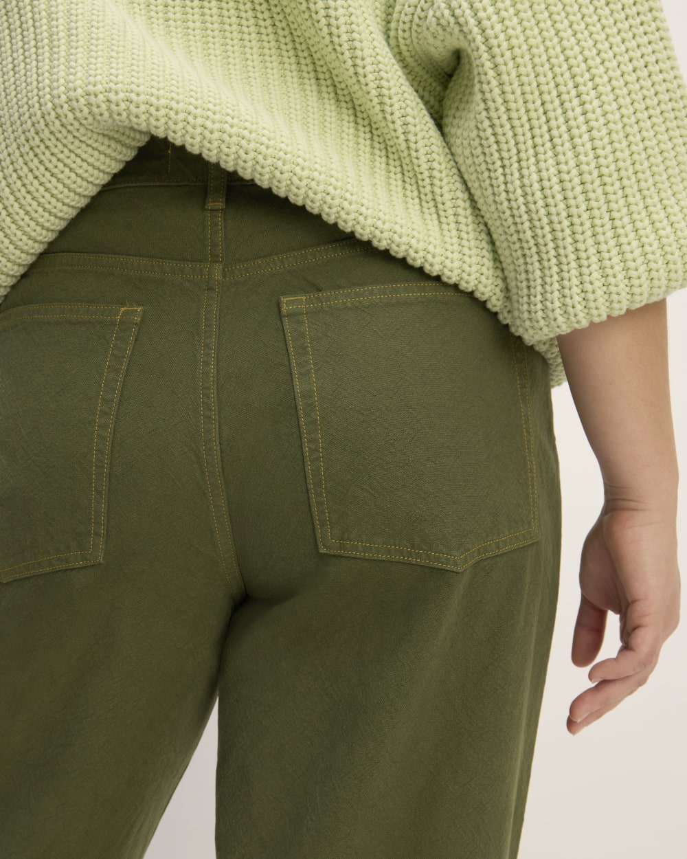 The Everlane x Marques' Almeida Canvas Oversized Barrel Pant in Deep Moss Green — detail view