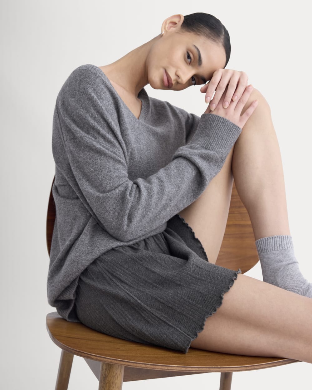 Lounge Rib Short in Heathered Soot — detail view