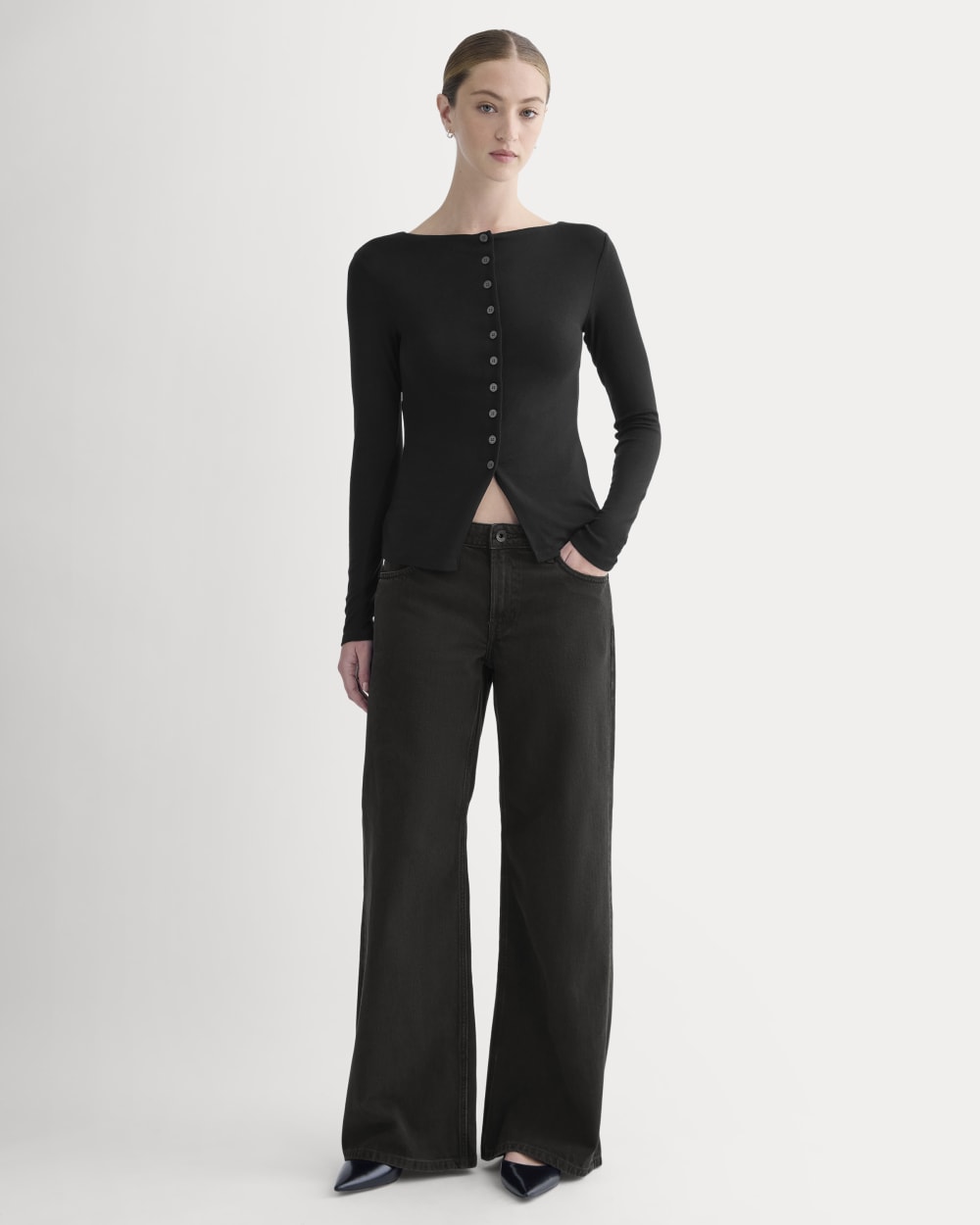 Button-Up Top in Butterluxe in Black — detail view