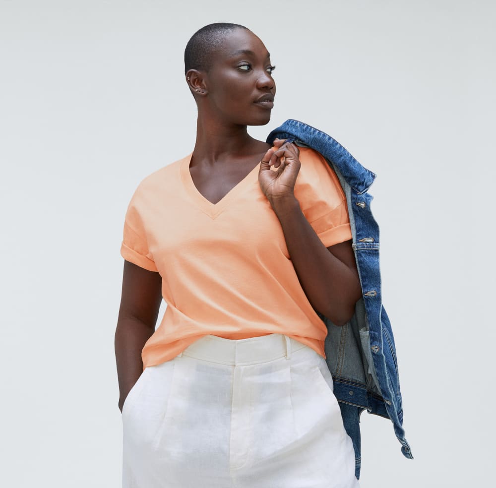 The Organic Cotton Slouchy V-Neck in Apricot — detail view
