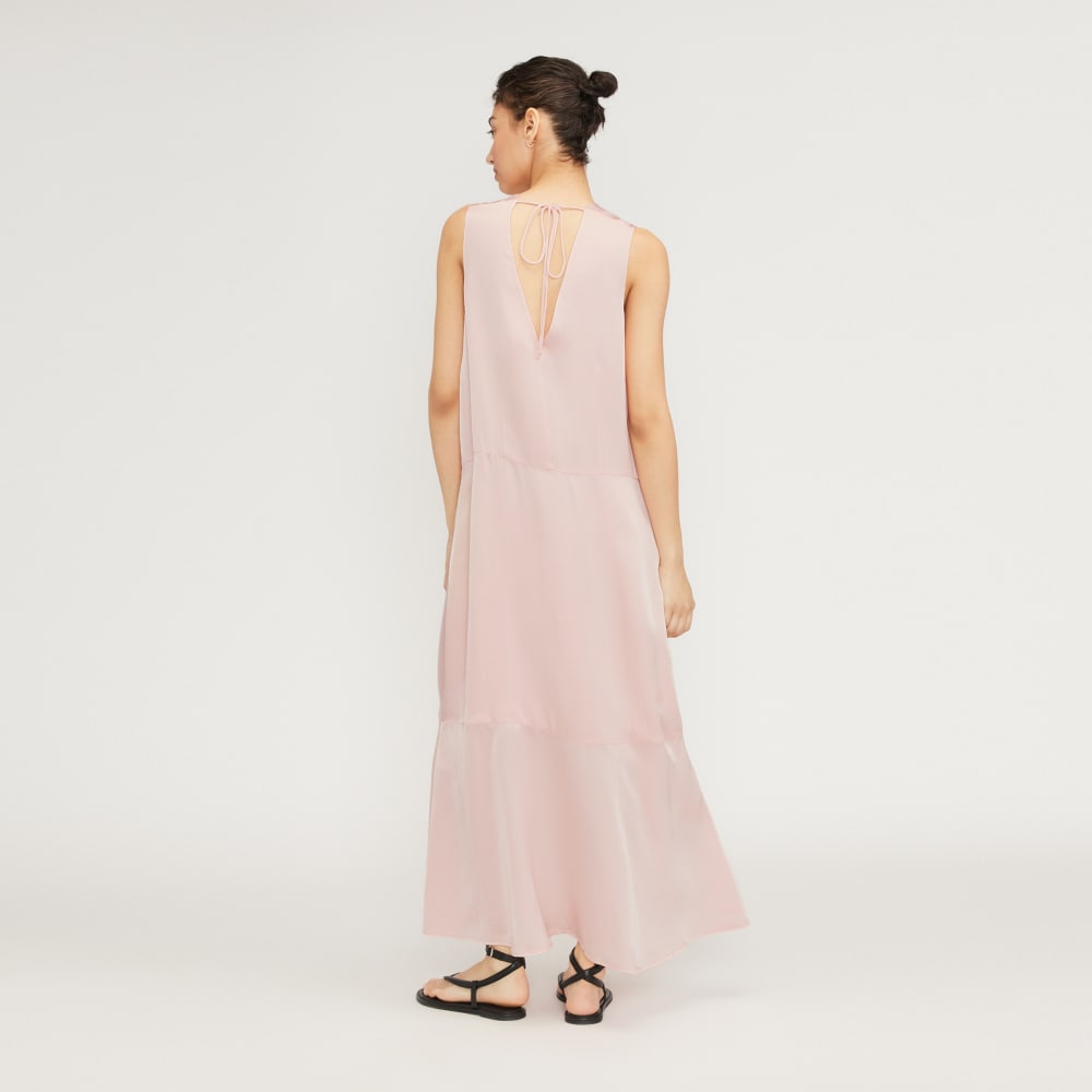 The Satin V-Neck Maxi Dress in Petal Pink — detail view