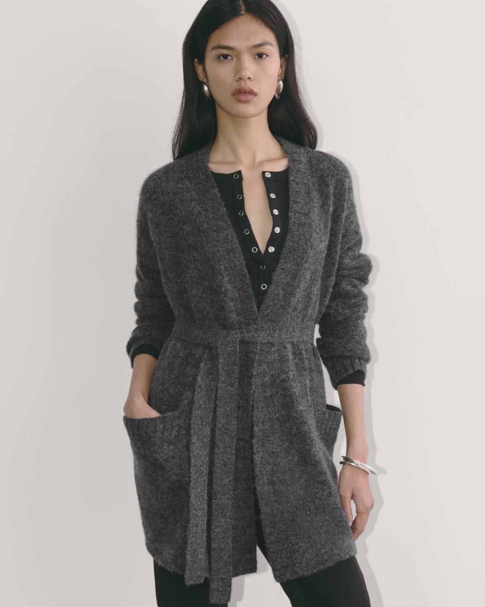 The Robe Cardigan in Alpaca in Dark Charcoal — front view
