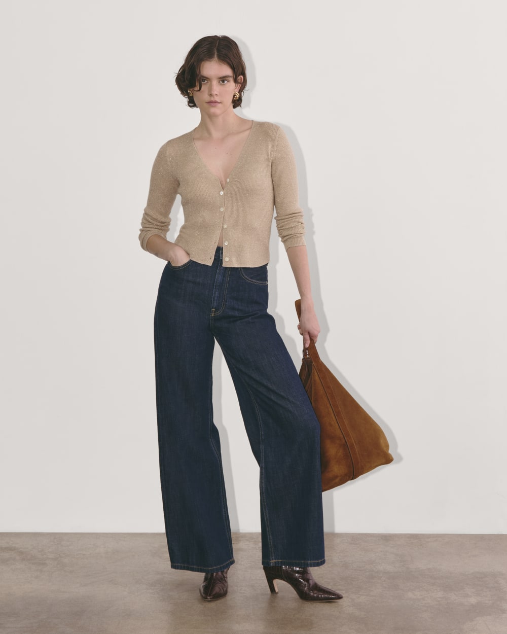 The Cardigan in Lurex Merino in Gold — detail view