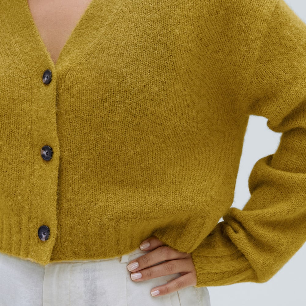 The Alpaca V-Neck Cropped Cardigan in Golden Palm — detail view